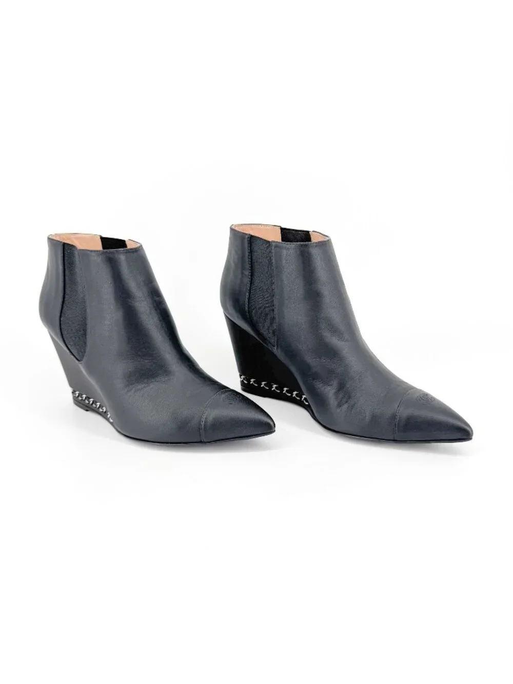 Chanel CC Black Leather Pointed Chain Wedge Ankle Boot Bootie Size 39.5 US 8.5-9